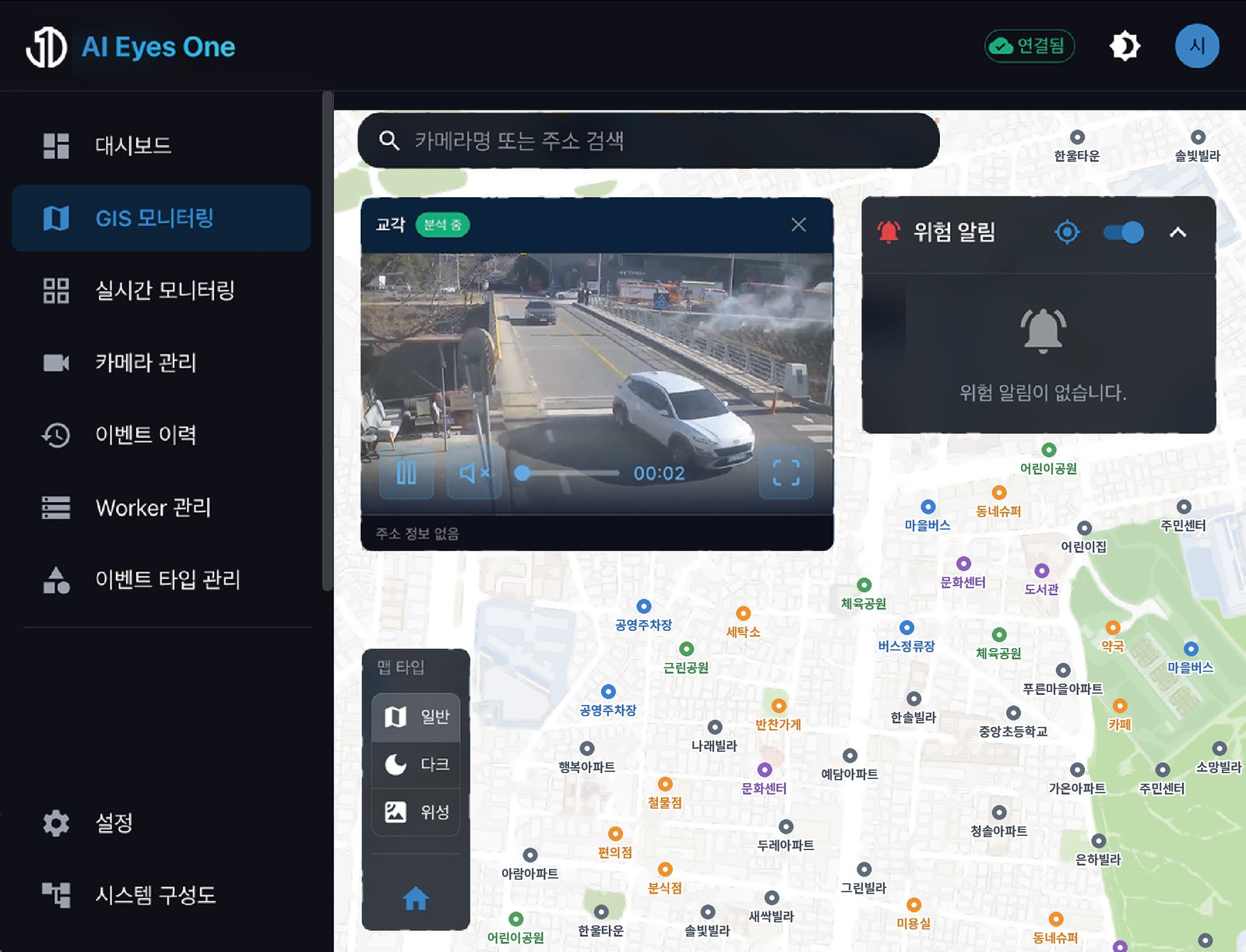AI Eyes One map-based CCTV status control screen